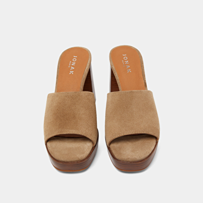 Open-toe mules with high heels in taupe suede | BOREAL