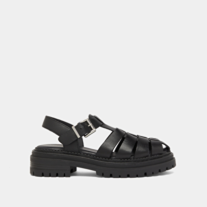 Platform sandals with wide straps in black leather | abraham