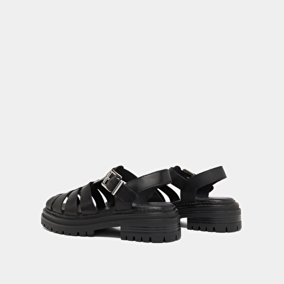Platform sandals with wide straps in black leather | abraham