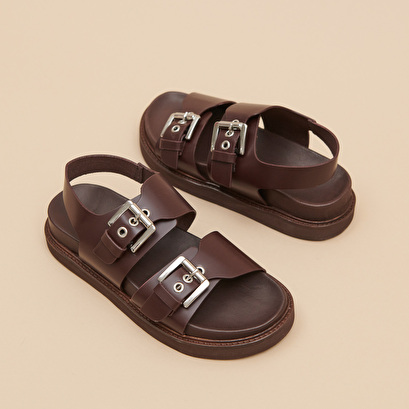 Double buckle sandals in dark brown glazed leather | LAGO