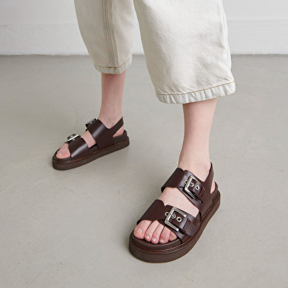 Double buckle sandals in dark brown glazed leather | LAGO