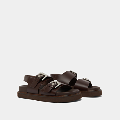 Double buckle sandals in dark brown glazed leather | LAGO