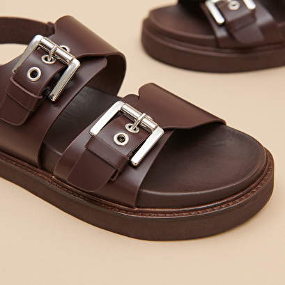 Double buckle sandals in dark brown glazed leather | LAGO