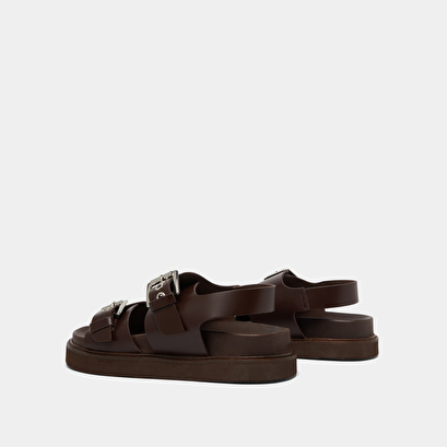 Double buckle sandals in dark brown glazed leather | LAGO
