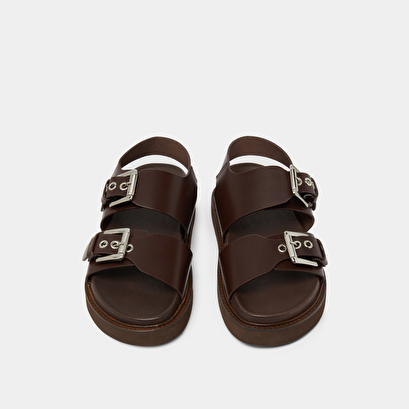 Double buckle sandals in dark brown glazed leather | LAGO