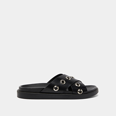 Open-toe mules with silver details in black leather | wyoming