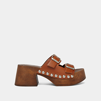 Platform mules with open toes in cognac leather | ELLA