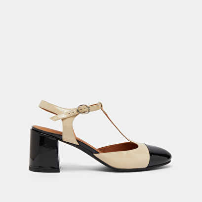 Heeled T-bar in black and ecru patent | DHAPS