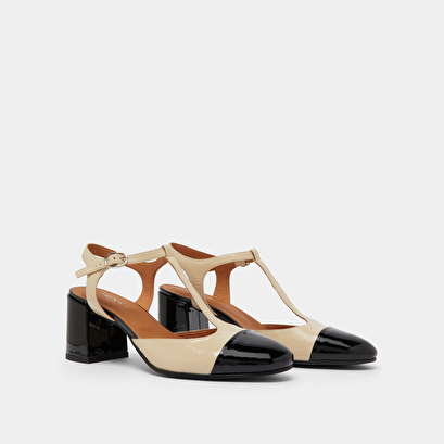 Heeled T-bar in black and ecru patent | DHAPS