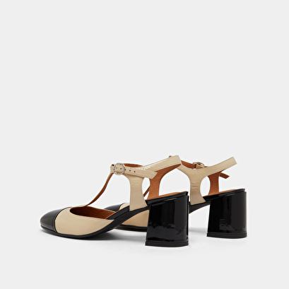 Heeled T-bar in black and ecru patent | DHAPS