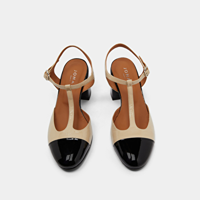 Heeled T-bar in black and ecru patent | DHAPS