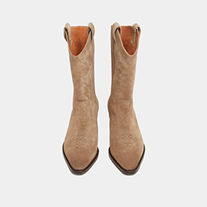 Boots with bevelled heels in taupe suede | DONATELLA