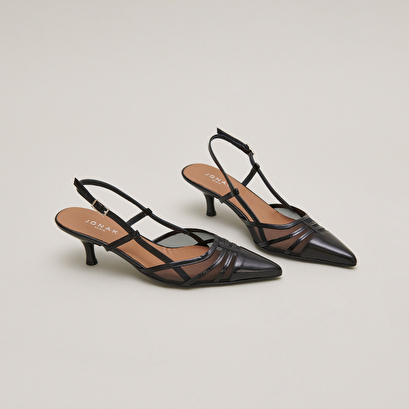 Heeled pumps in shiny black leather and mesh | DAMOISEAU