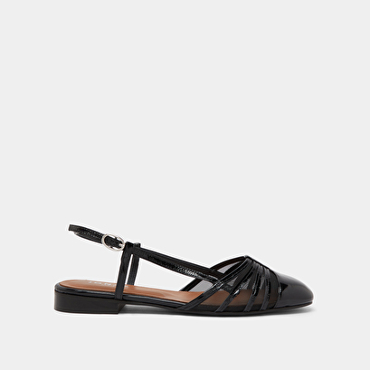 Ballet flats with open backs in black pleated patent and mesh | DESIRE