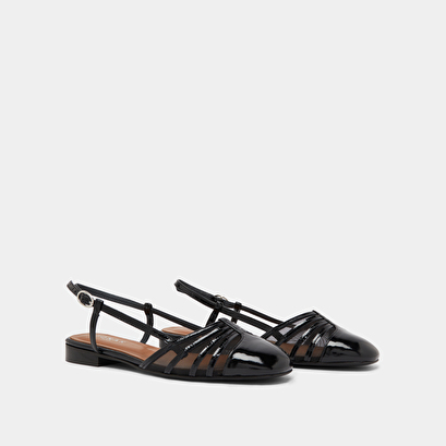 Ballet flats with open backs in black pleated patent and mesh | DESIRE