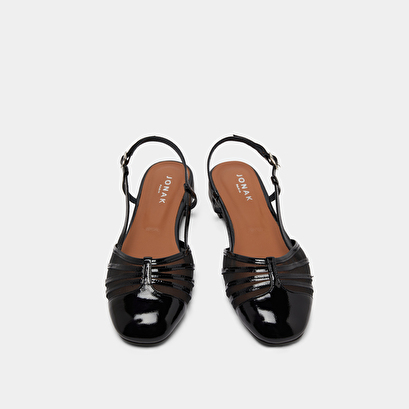 Ballet flats with open backs in black pleated patent and mesh | DESIRE