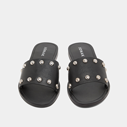Mules with silver details in black grained leather | winslow
