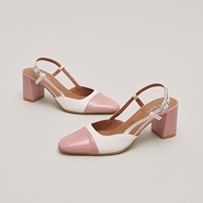 Babies with heels in ecru leather and pink pleated patent | DHAPOP