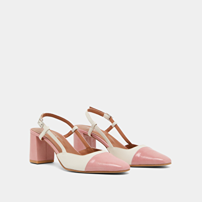 Babies with heels in ecru leather and pink pleated patent | DHAPOP