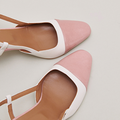 Babies with heels in ecru leather and pink pleated patent | DHAPOP