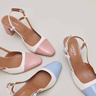 Babies with heels in ecru leather and pink pleated patent | DHAPOP