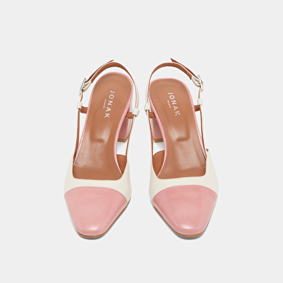 Babies with heels in ecru leather and pink pleated patent | DHAPOP