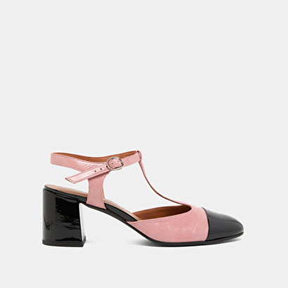 Heeled t-bar in pink pleated patent and black patent | DHAPS
