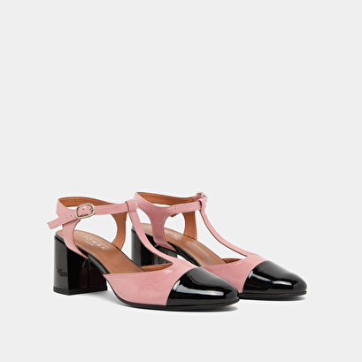 Heeled t-bar in pink pleated patent and black patent | DHAPS