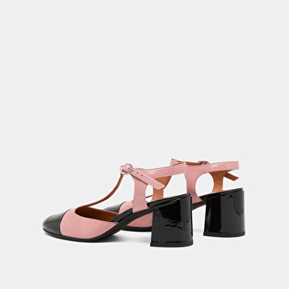Heeled t-bar in pink pleated patent and black patent | DHAPS