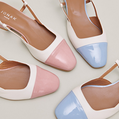 Open back ballet flats in ecru leather and sky blue patent | DHAPOU