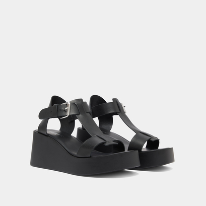 Wedge sandals with adjustable buckles in black leather | estelle