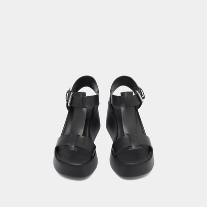Wedge sandals with adjustable buckles in black leather | estelle