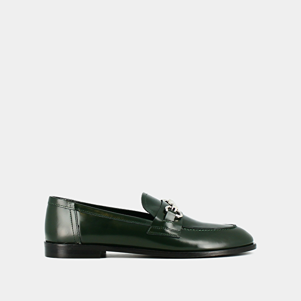 Loafers with silver bits in green glazed leather | DRAGUIGNAN