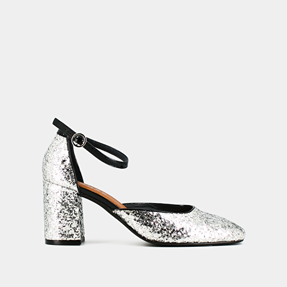 Salomes with straps in silver and black glitter and patent | DOUGGIE