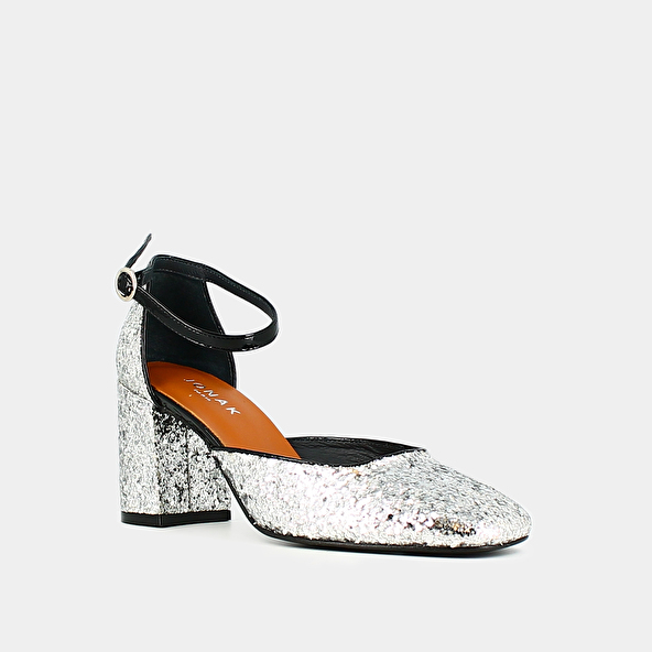 Salomes with straps in silver and black glitter and patent | DOUGGIE