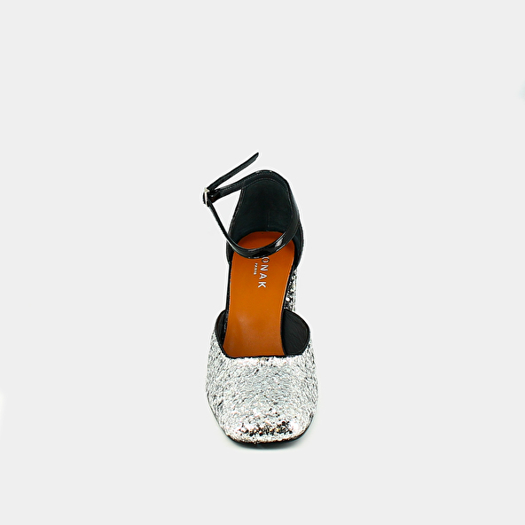 Salomes with straps in silver and black glitter and patent | DOUGGIE