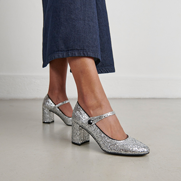 Heeled babies in silver and black glitter and patent | DAFT