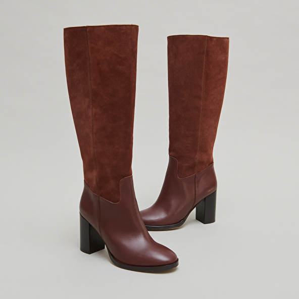 Bottes à talons in cognac leather and suede | DOWN