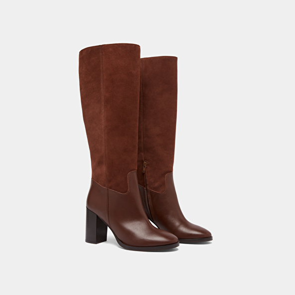Bottes à talons in cognac leather and suede | DOWN