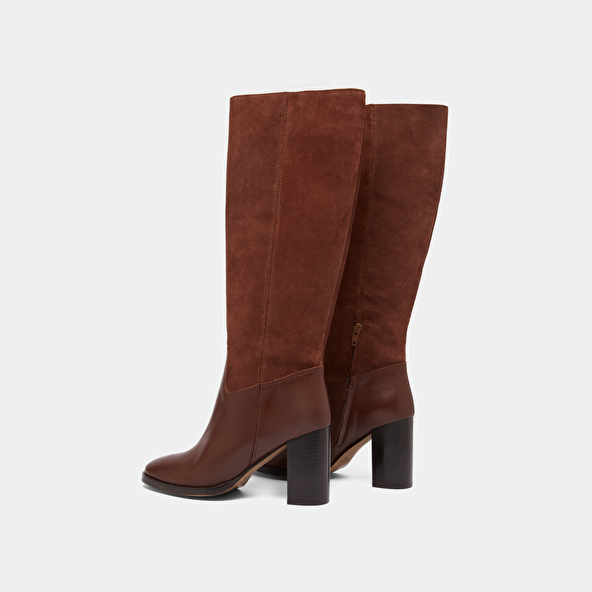 Bottes à talons in cognac leather and suede | DOWN