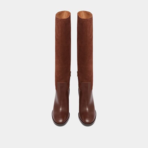 Bottes à talons in cognac leather and suede | DOWN