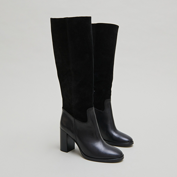 Bottes à talons in black suede and black leather | DOWN