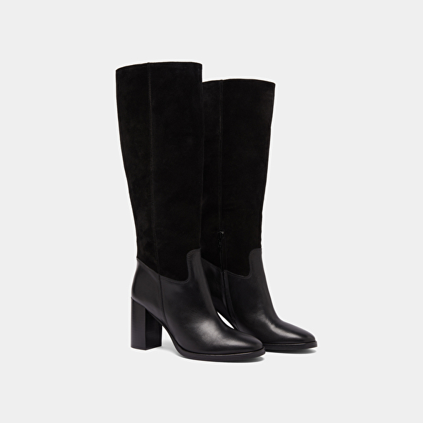 Bottes à talons in black suede and black leather | DOWN