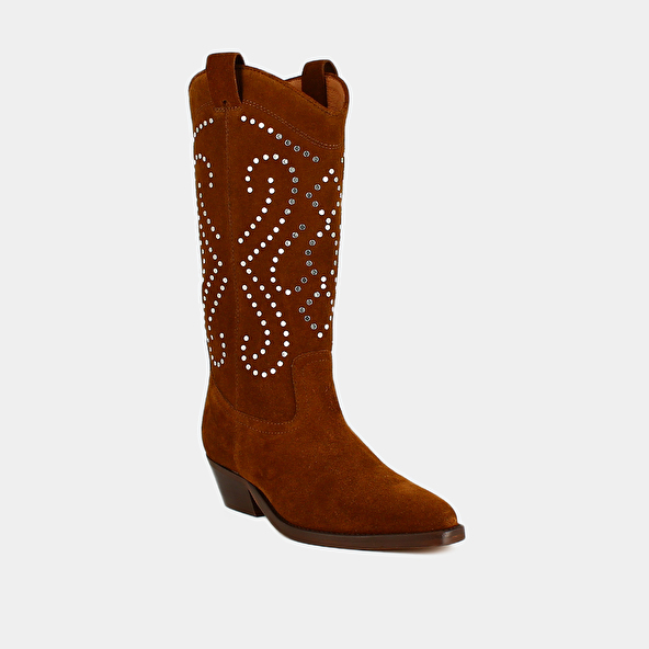 Boots with beveled heels in cognac suede | DYNASTIE