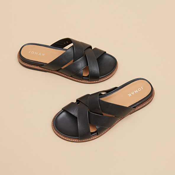 Mules with wide straps in black leather | ALEXANDRE