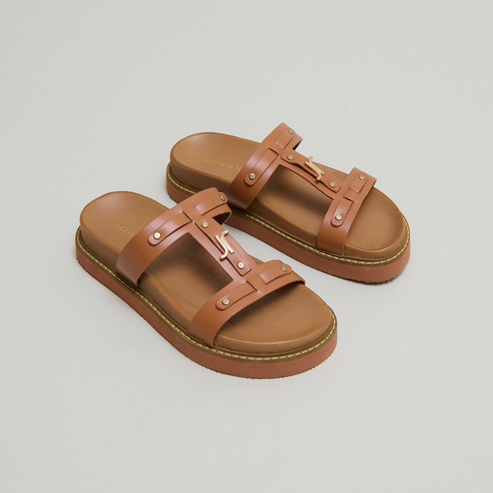 Platform sandals in cognac glazed leather | LUANA