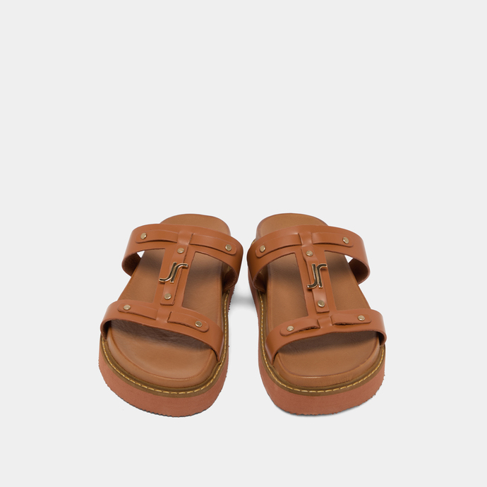 Platform sandals in cognac glazed leather | LUANA