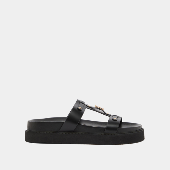 Platform sandals in black glazed leather | LUANA