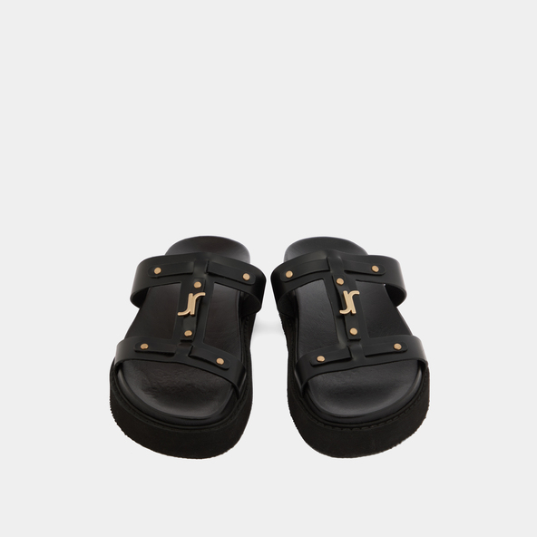 Platform sandals in black glazed leather | LUANA