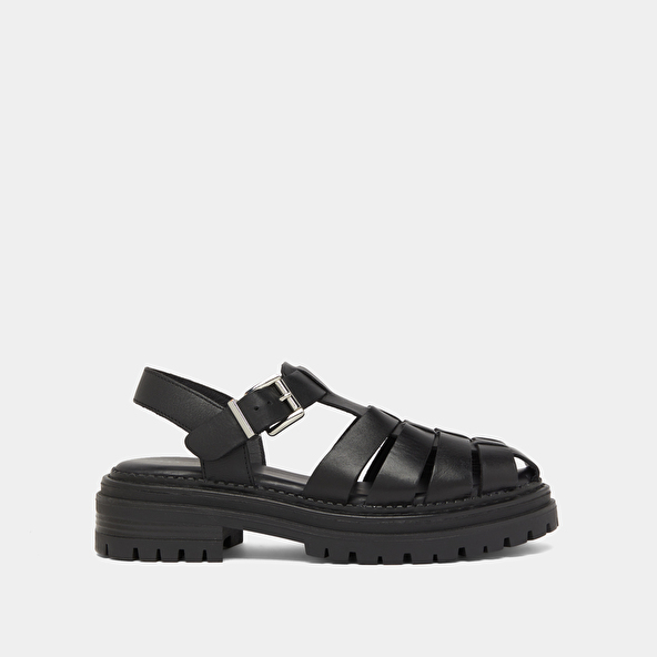 Platform sandals with wide straps in black leather | ABRAHAM